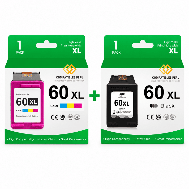 Tinta Compatible HP 60Xl Negro y Tricolor Alta Calidad Pack